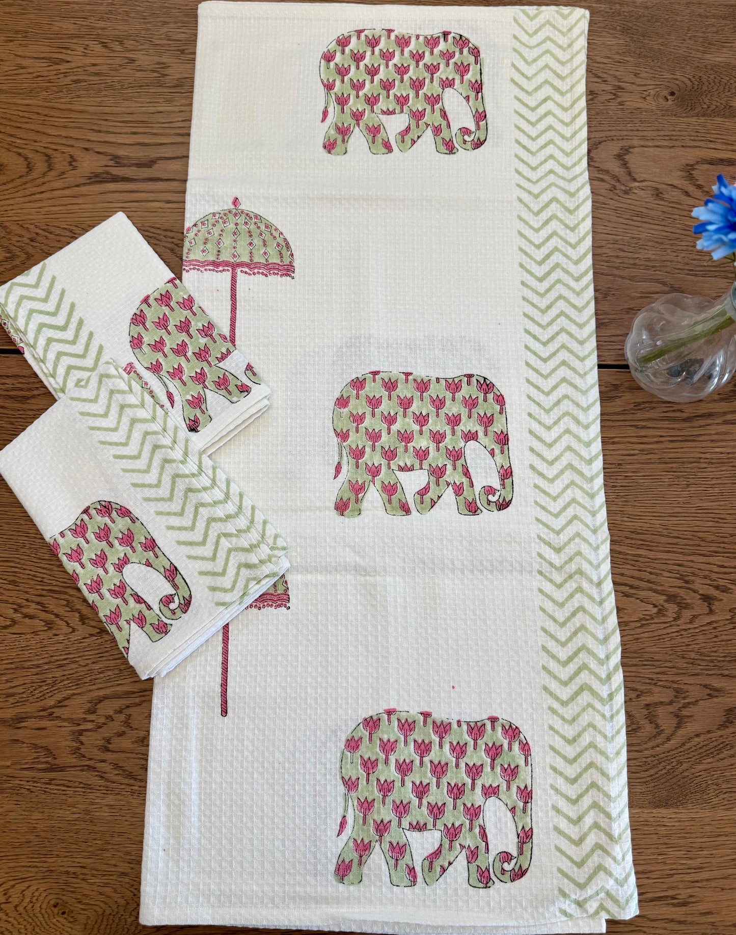(New) Hand Block Printed Cotton Towel Set (Set of 3)