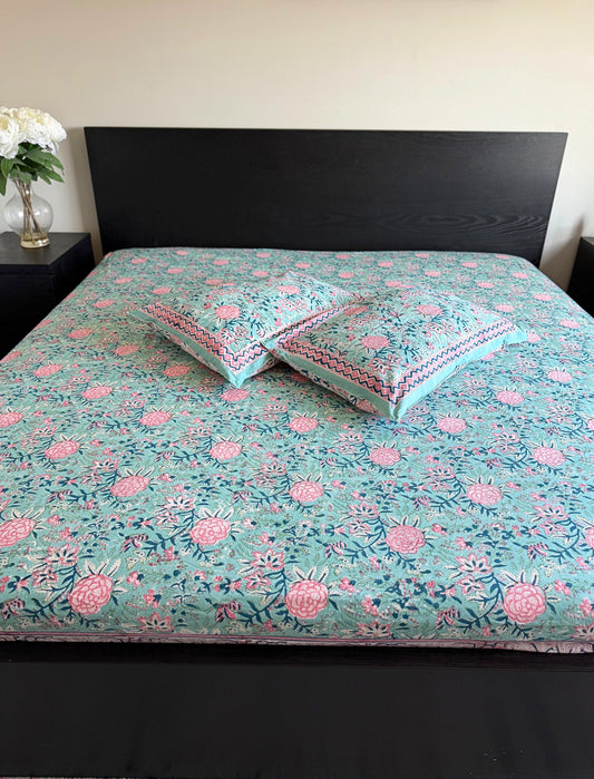 (New) Handblock Printed Cotton Fitted Bedsheet Set – 3 Piece Bedding (108×108)