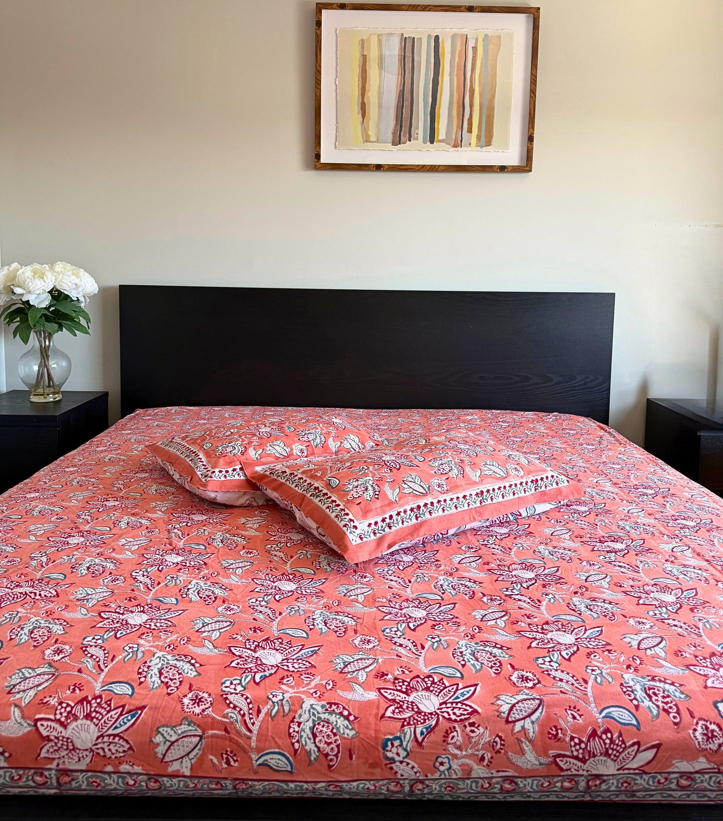 (New) Handblock Printed Cotton Fitted Bedsheet Set – 3 Piece Bedding (108×108)