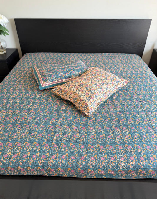 (New) Handblock Printed Cotton Fitted Bedsheet Set – 3 Piece Bedding (108×108)
